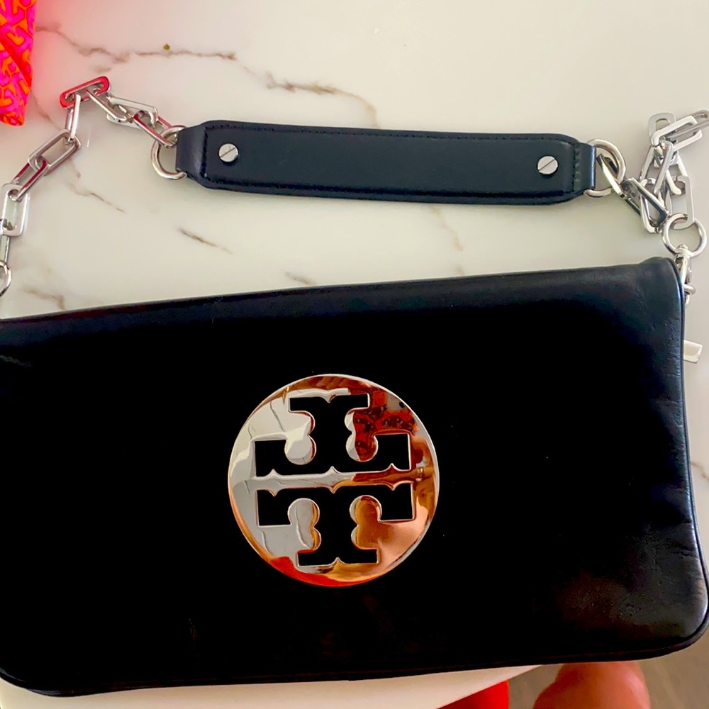 Tory Burch black leather fold over clutch